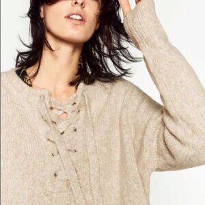 Zara Cream Sweater Wool Blend Sweater with Lace-Up Detail